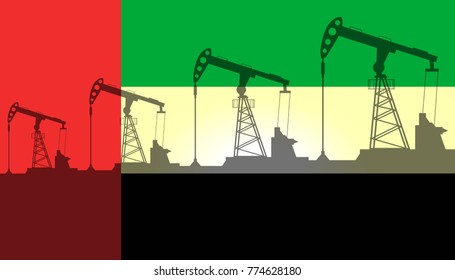 Oil pump on background of flag of Emirates (UAE). Vector illustration