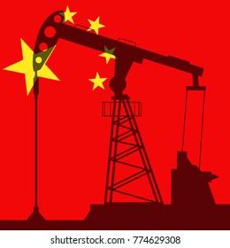 Oil pump on background of flag of China. Vector illustration