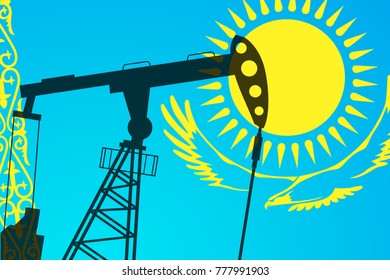 Oil pump on background of flag of Kazakhstan. Vector illustration