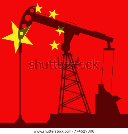Oil pump on background of flag of China. Vector illustration