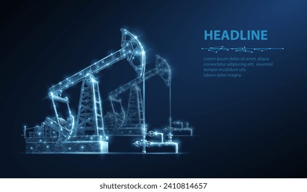 Oil pump on blue. Digital extraction, Gas market, Well drilling, Petroleum production, Fossil fuel, Oilfield crisis, Energy economy, War constriction, Oil refinery, Crude trading, Black gold concepts