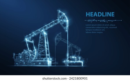 Oil pump on blue. Digital extraction, Gas market, Well drilling, Petroleum production, Fossil fuel, Oilfield crisis, Energy economy, War constriction, Oil refinery, Crude trading, Black gold concepts