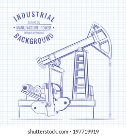 Oil pump on blue squared paper. Vector illustration.