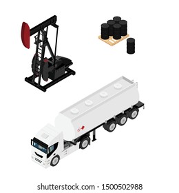 Oil Pump Oil Rig Energy Industrial Machine For Petroleum, Industry Oil Barrels Or Chemical Drums Stacked On Wooden Pallet And Truck Tanker Isometric View Isolated On White Background