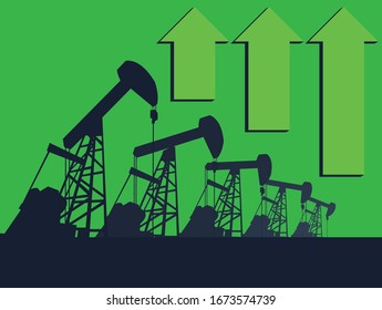 Oil pump oil rig energy industrial machine with Up arrow , Mean The increase in oil prices .