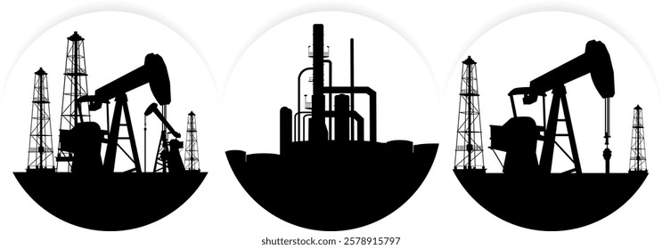 oil pump Rig,  gas rig, oil depot, refinery, round button icon vector