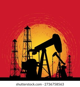 oil pump Rig, gas rig, oil depot, refinery on  red sunset round button icon vector 