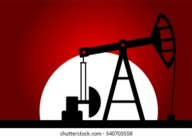 Oil pump silhouette at sunset. Vector illustration.