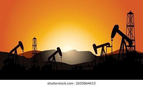 Oil pump silhouettes at sunset with desert hills and warm orange sky