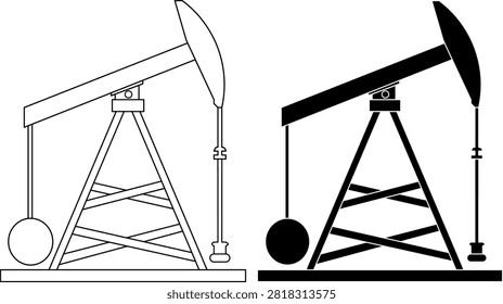 oil pumpjack icon set in outline and, thin line,solid silhouette with a petroleum pumping unit with beam, horsehead, counterweight, tower, and base for energy, industry, engineering, fuel projects.