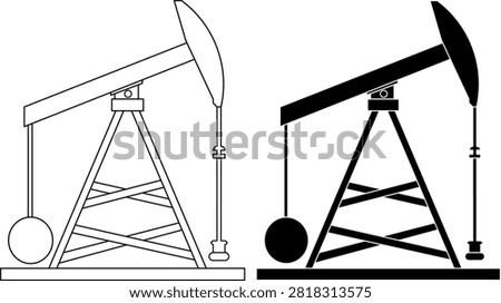 oil pumpjack icon set in outline and, thin line,solid silhouette with a petroleum pumping unit with beam, horsehead, counterweight, tower, and base for energy, industry, engineering, fuel projects.