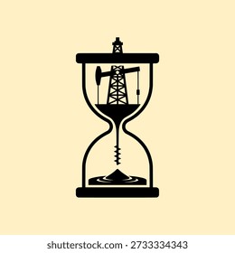 Oil pumpjack inside hourglass, symbolizing time running out for oil extraction