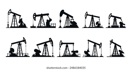 Oil pumpjack rig gas fuel drilling production black silhouette icon set vector flat illustration. Industrial petroleum fossil petrol resource power energy pump jack rig extraction mechanical
