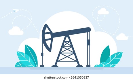Oil pumpjack rig gas fuel drilling production. Oil pump. Extraction technology market. Industrial petroleum fossil petrol resource power energy pump jack rig extraction mechanical. Vector illustration