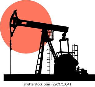 Icono vectorial del bombeo de aceite. Ilustración de plataforma de aceite con sol rojo en el fondo. Vector de bombeo mínimo