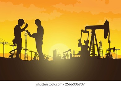 Oil pumpjack Vector, Silhouette of jack up drilling rig, illustration for background.