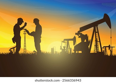 Oil pumpjack Vector, Silhouette of jack up drilling rig, illustration for background.