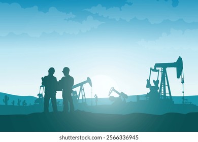 Oil pumpjack Vector, Silhouette of jack up drilling rig, illustration for background.