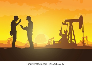 Oil pumpjack Vector, Silhouette of jack up drilling rig, illustration for background.
