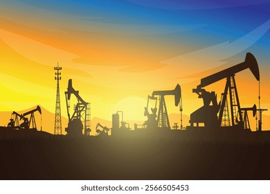 Oil pumpjack Vector, Silhouette of jack up drilling rig, illustration for background.