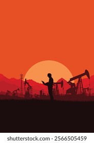 Oil pumpjack Vector, Silhouette of jack up drilling rig, illustration for background.