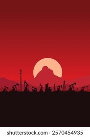 Oil pumpjack Vector, Silhouette of jack up drilling rig, illustration for background.