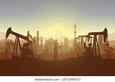 Oil pumpjack Vector, Silhouette of jack up drilling rig, illustration for background.