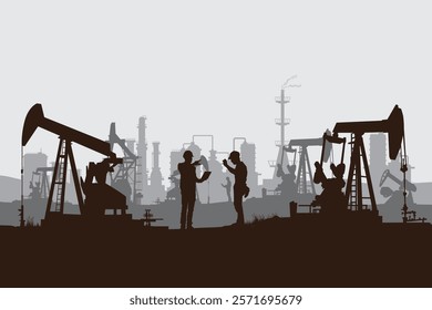 Oil pumpjack Vector, Silhouette of jack up drilling rig, illustration for background.