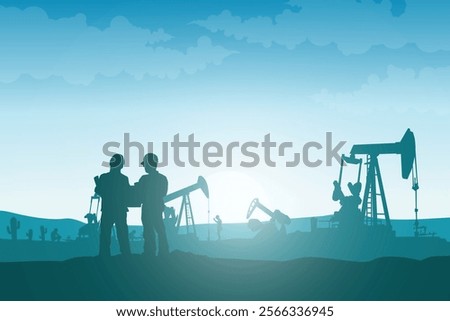 Oil pumpjack Vector, Silhouette of jack up drilling rig, illustration for background.