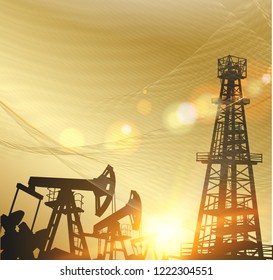 Oil pumps and derricks over the abstract golden background. Vector illustration.