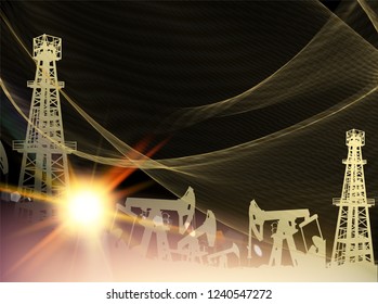 Oil pumps and derricks. Pump Jack Oil Crane. Industrial image with golden style over black background. Vector illustration.