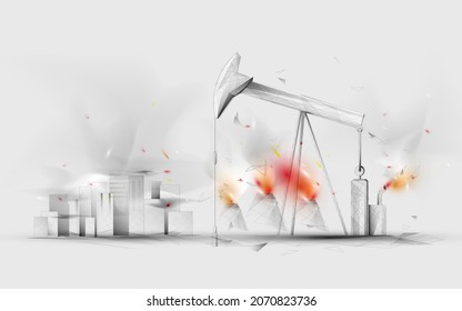 Oil pumps, Oil drill rig and pump jack. City air pollution. Concept of ecology and energy