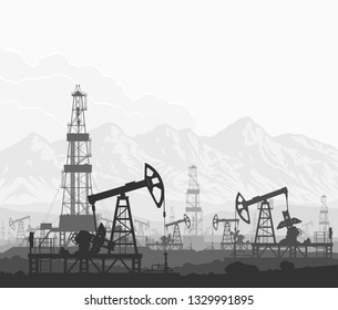 Oil Pumps And Drilling Rigs At Large Oilfield Over Huge Mountain Range. Detail Vector Black And White Illustration.