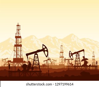 Oil pumps and drilling rigs silhouettes at large oilfield on huge mountain range background at sunset. Crude oil extraction process. Vector industrial landscape in brown and yellow colours.