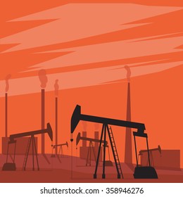 Oil pumps in the field. Landscape with sunset