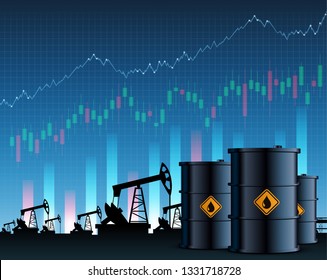 Oil pumps and fuel barrels. Financial charts and economic graphs. Vector illustration.