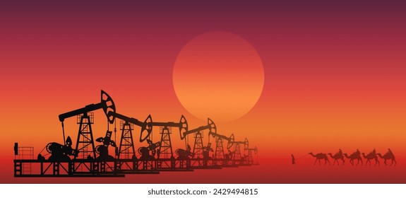 Oil pumps in the hot south. Vector illustration. Sketch for creativity.