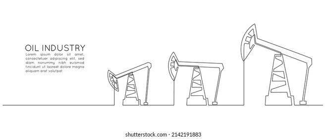 Oil pumps jacks of One continuous line drawing. Pump station and derrick petroleum production and trade industry in simple linear style. Energy crisis concept. Editable stroke. Vector illustration