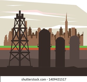 Oil pumps machinery silhouette in the city vector illustration graphic design