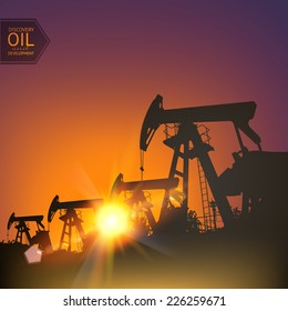Oil pumps over sunset. Vector illustration.