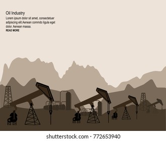 Oil Pumps And Rigs At Large Oilfield . Detail Vector Illustration.