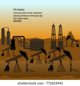 Oil Pumps And Rigs At Large Oilfield . Detail Vector Illustration.