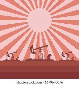 Oil pumps silhouette with the rising sun on the backround. Red colored in flat style.  Oil production process. Fuel production. 