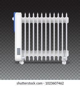 Oil radiator isolated on transparent background. White, electric oil filled heater on wheels. Vector, resizable icon of convector