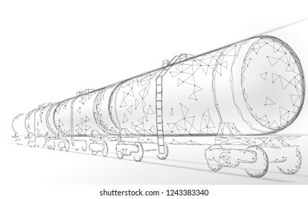 Oil railway cistern 3D render low poly. Fuel petroleum finance industry diesel tank. Cylinder railroad wagon train gasoline logistic economical business polygonal line vector illustration