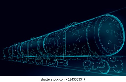 Oil railway cistern 3D render low poly. Fuel petroleum finance industry diesel tank. Cylinder railroad wagon train gasoline logistic economical business polygonal line vector illustration