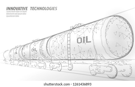 Oil railway cistern 3D render low poly. Fuel petroleum finance industry diesel tank. Cylinder railroad wagon train gasoline logistic economical business polygonal line vector illustration