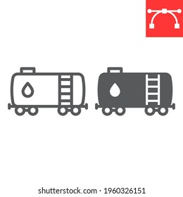 Oil railway tank line and glyph icon, oil train and fuel carriage, oil tank vector icon, vector graphics, editable stroke outline sign, eps 10