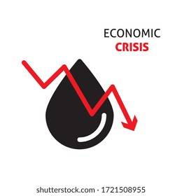 Petróleo con zigzag rojo, tendencia a la baja del precio del barril, disminución del ingreso y economía global, crisis.