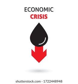 Oil with red zigzag falling trend of barrel price, decrease of earning and global economics, crisis. vector illustration